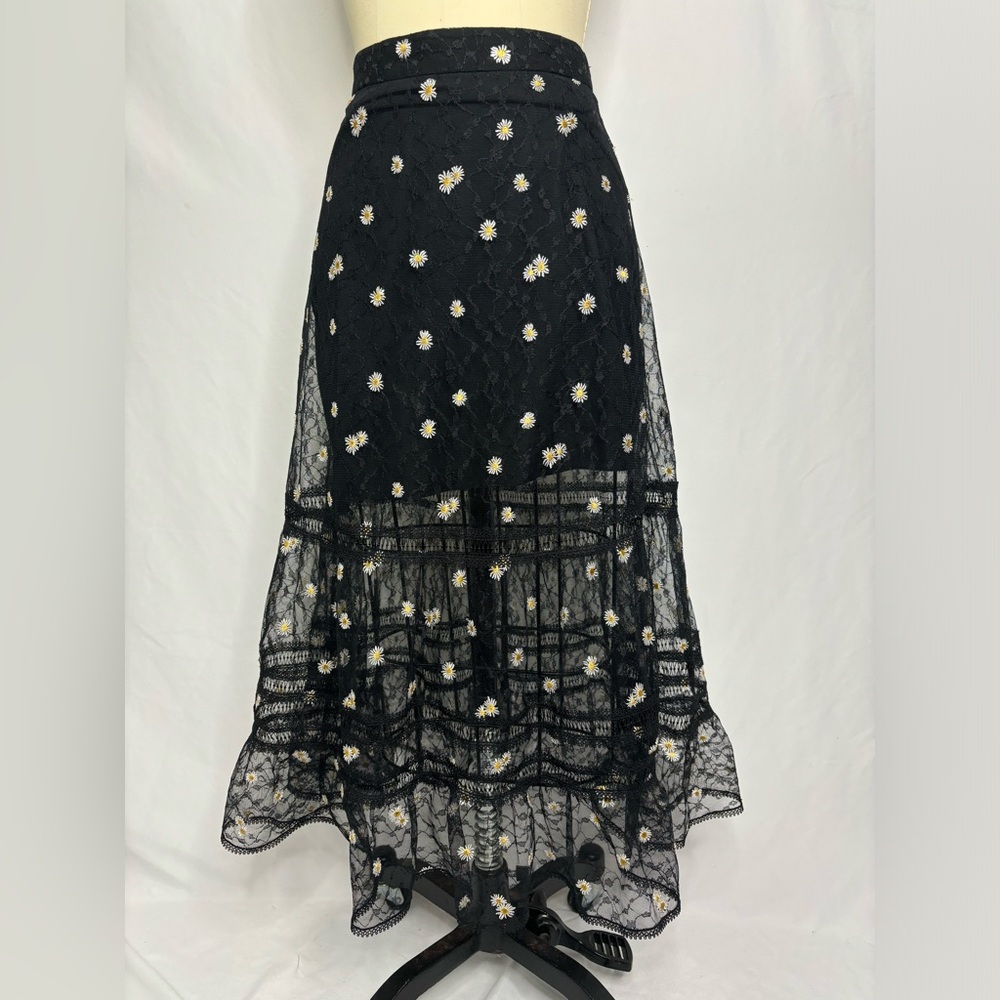 90s inspired Black Lace Mesh Sunflower Midi Skirt Small